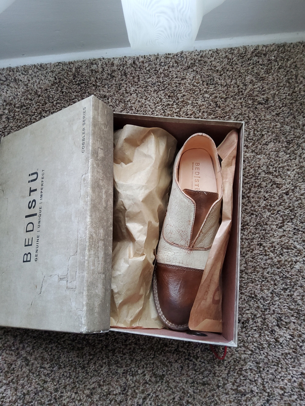 Bed Stu Two-Tone Brown and Cream Leather Slip-On Loafers